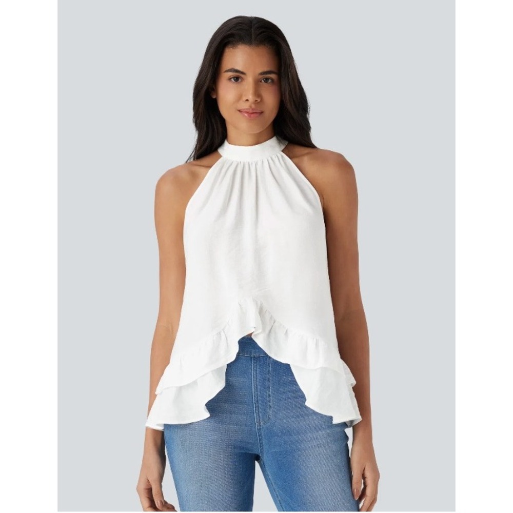 Mock Neck Sleeveless Ruffle Hem Casual Top Blouse White Size Small Boho Flowy